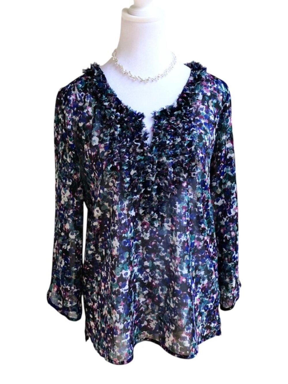 DKNY Blouse Top Ruffled Blue Multi Silver Metallic Sheer (S)